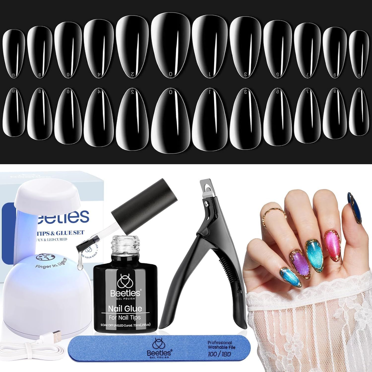 Beetles Gel Nail Kit Short Almond, 240Pcs Easy Nail Extension Set Shaped Clear Tips with 5 in 1 Nail Glue Base &amp; Top Coat and Mini UV Lamp, Nail Tips Art Acrylic Nail Kit Gifts for Women