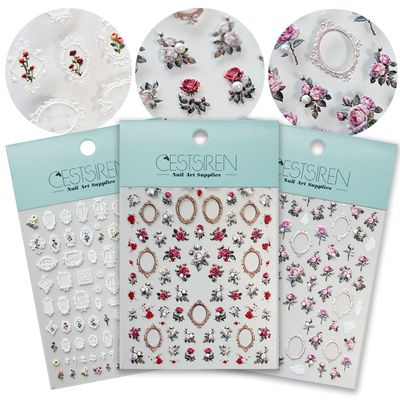 CESTSIREN Rose Flower Frame Nail Art Stickers Pearl Rhinestones Embossed Vintage Nail Decals for Nail Art Design Self-Adhesive Nail Accessories for Women Nail Art Supplies 3 Sheets