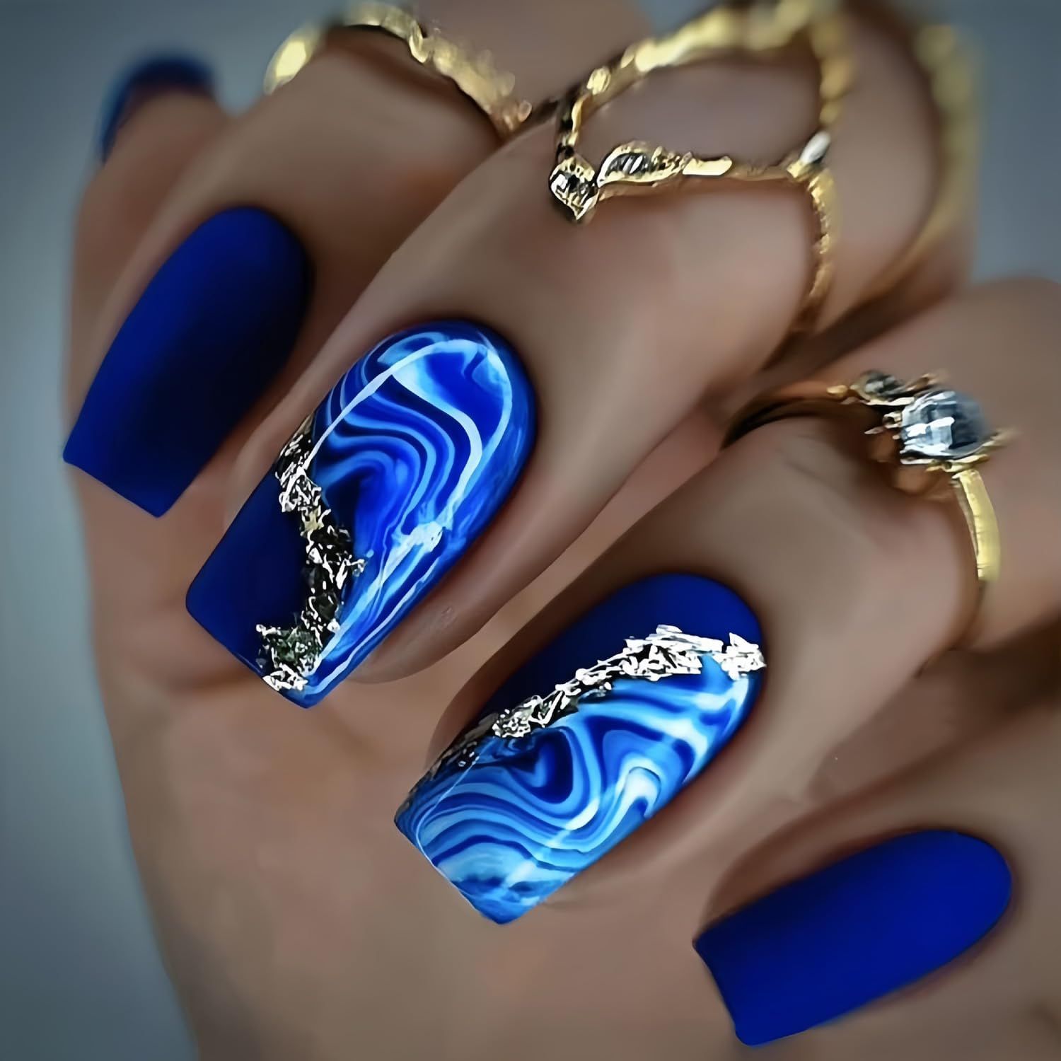 Press on Nails Square Medium Length Glossy Full Cover Acrylic Blue False Nails with Marble Designs Artificial Short Coffin Fake Nails Glue ons Nails Stick on Fingernails for Women Girls