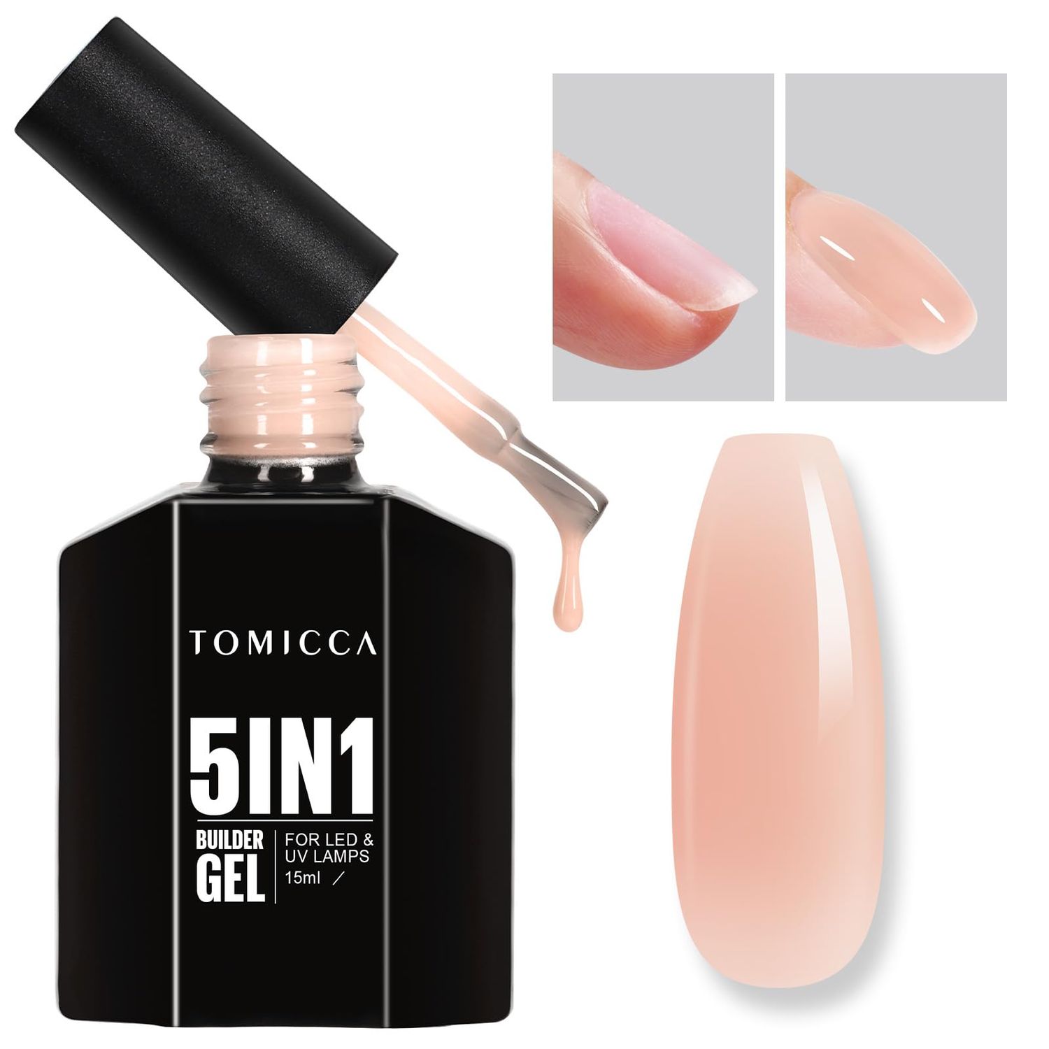 TOMICCA Light Nude Builder Gel for Nails, 5 In 1 Nail Strengthener Extension Hard Gel for Nail Art Thickening Soak Off UV Long Lasting Base and Top Coat Needed