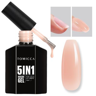 TOMICCA Light Nude Builder Gel for Nails, 5 In 1 Nail Strengthener Extension Hard Gel for Nail Art Thickening Soak Off UV Long Lasting Base and Top Coat Needed