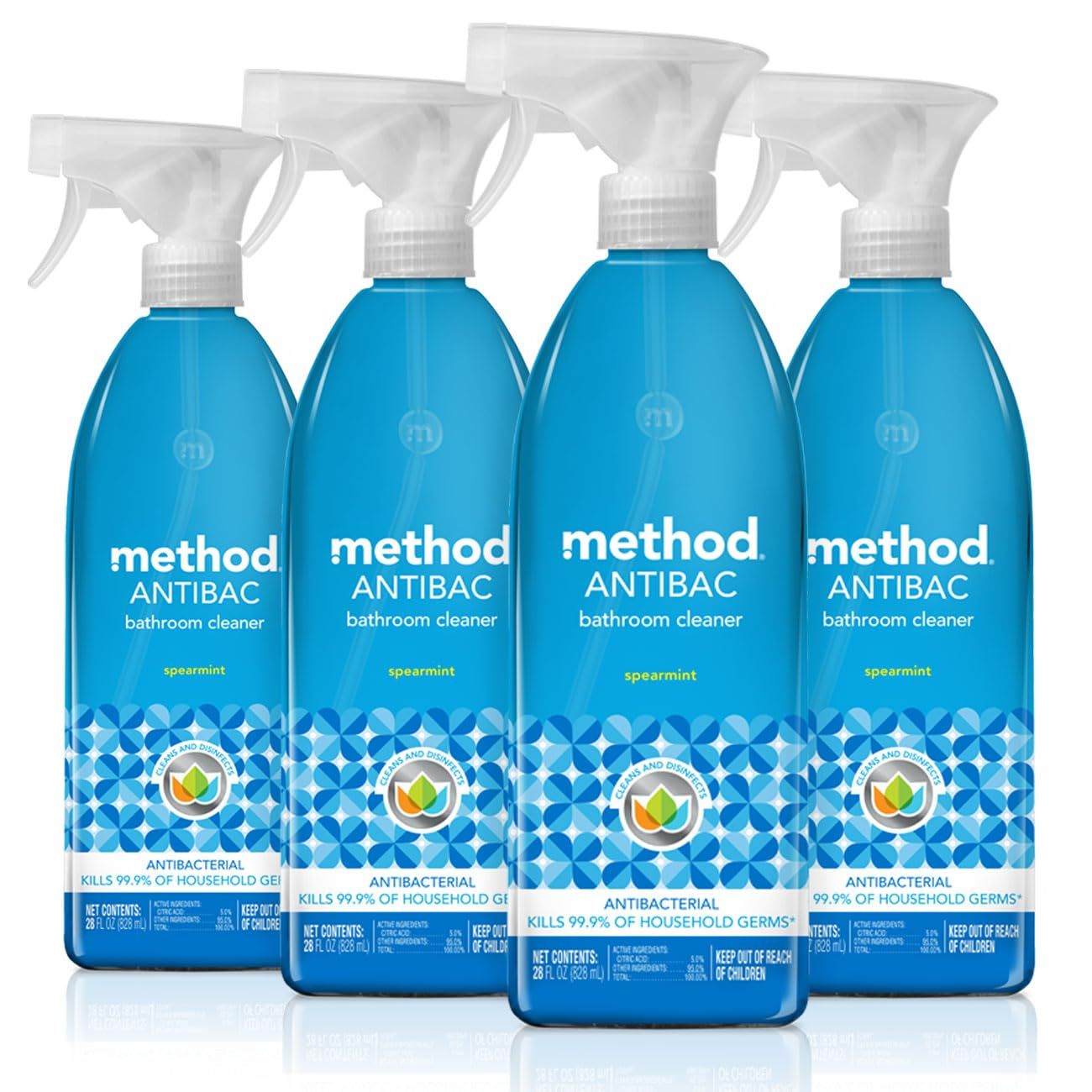 Method Antibacterial Bathroom Cleaner, Kills 99.9 of household germs, Spearmint, 28 Fl Oz, 4 pack