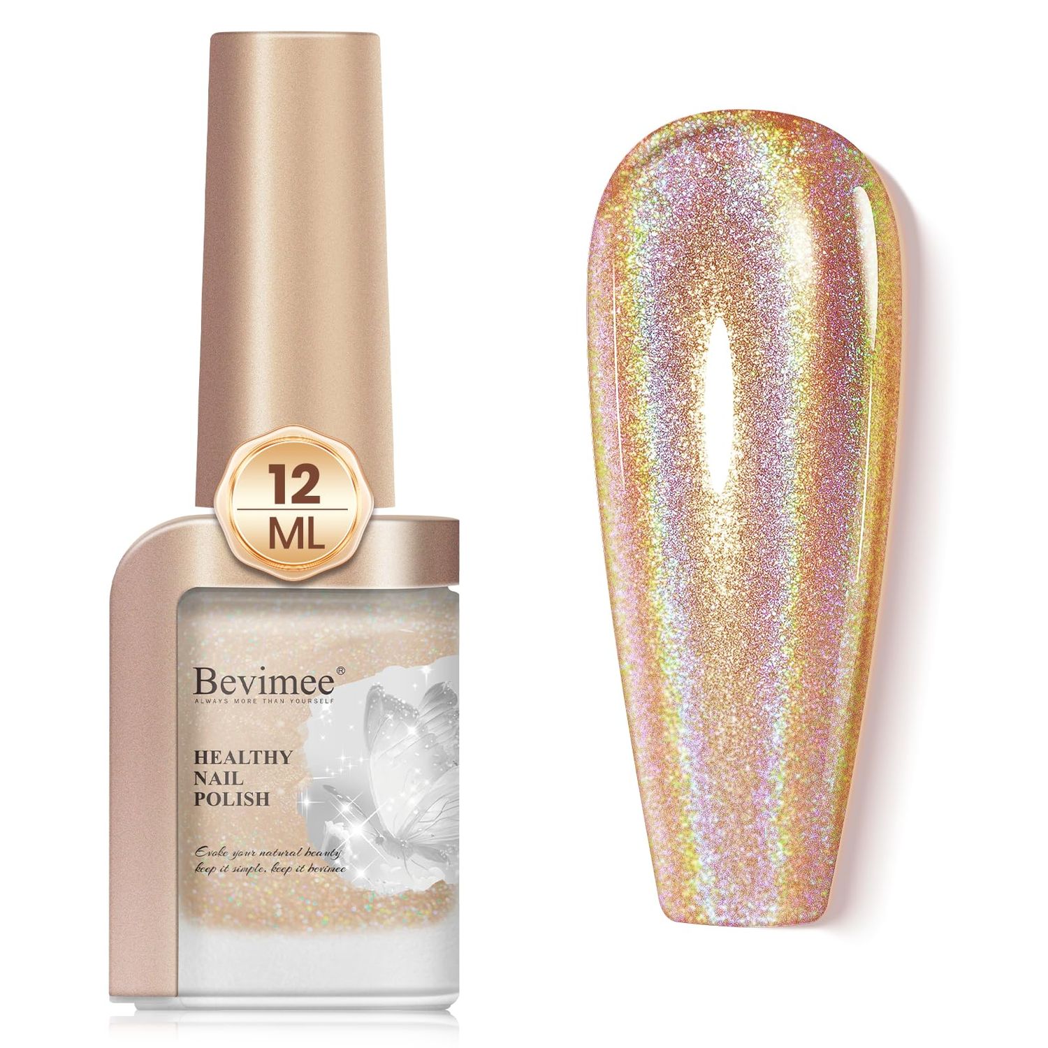 Bevimee Holographic Nail Polish 12ML Air Dry Fast Iridescent Shimmer Glitter Chameleon Champagne Holo Laser Pearl Nail Art - No Curing Required 1PC
