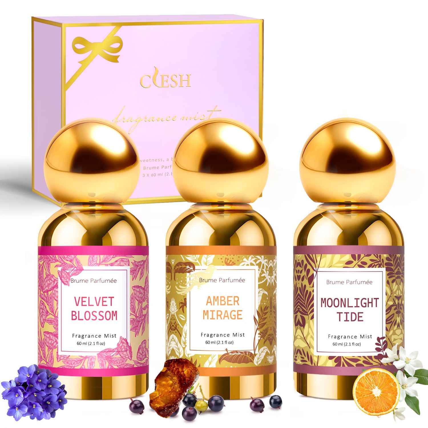 CLESH Body Spray for Women, Fragrance Mist, 3 Pack Travel Size Set, 60ml/2.1 fl oz, Velvet Blossom, Moonlight Tide, Amber Mirage
