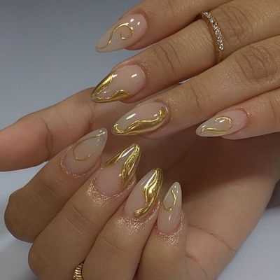 3D Gold Glitter Press on Nails Short Almond ZWENJIE Fake Nails Nude Pink False Nails Glossy Full Cover Stick on Nails Acrylic Cute Artificial Nails for Women Glue on Nails 24 Pcs