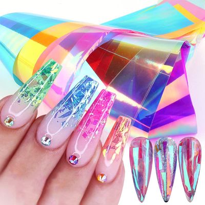 Gradient Aurora Glass Paper Nail Art Sticker, Film Broken Glass Foil Transfers Decals Cellophane Mirror Colorful Design for Women DIY Decoration (8 Sheets)