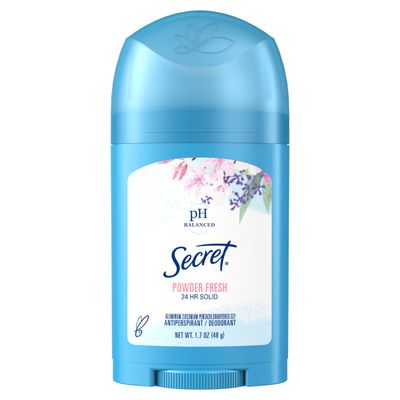 Secret Antiperspirant and Deodorant for Women, 24hr Sweat &amp; Odor Protection, PH Balanced Protection, Gentle on Skin, Wide Solid, Travel Size, Powder Fresh Scent, 1.7 oz