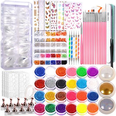 FANDAMEI Nail Art Kit - Nail Tools With Acrylic Tips, Brushes, Chrome Powder, Gems, Glitter, Stickers - DIY At Home