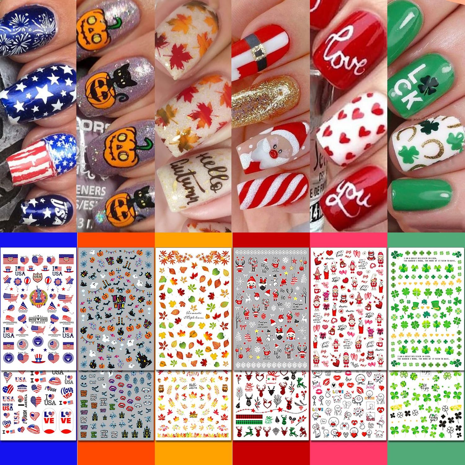 IDDFEVE 30 Sheets All Holiday Nail Art Stickers, Variety Pack Seasonal Nail Decals for All Year, Self-Adhesive Pegatinas Uas St. Patricks Independence Day Halloween Fall Christmas Heart Design