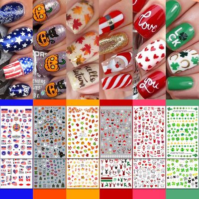 IDDFEVE 30 Sheets All Holiday Nail Art Stickers, Variety Pack Seasonal Nail Decals for All Year, Self-Adhesive Pegatinas Uas St. Patricks Independence Day Halloween Fall Christmas Heart Design