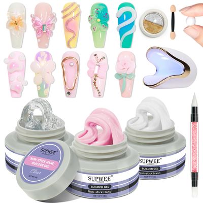 SUPWEE Solid Builder Gel for Nails, Clear White Pink Hard Gel for 3D Nail Art Sculpting with UV Lamp &amp; Chrome Powder for Home DIY Salon, 18g (0.63oz)
