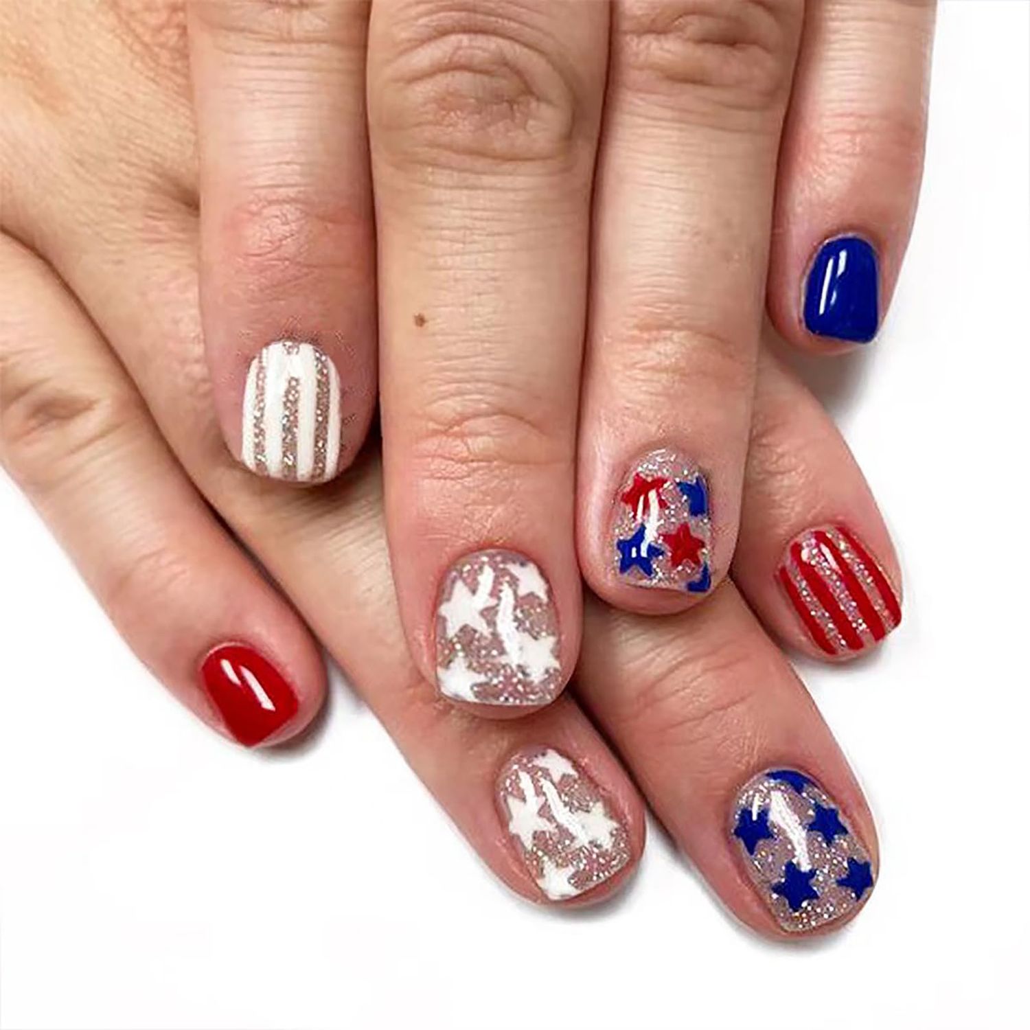 Independence Day Press on Nails US 4th of July Fake Nails Short Square with Red Blue White Glitter Star Designs Patriotic French Artificial Full Cover False Nails Glue on Nails for Women Girls 24 Pcs
