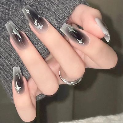 24PCS Grey Black Press on Nails Medium Length Fake Nails Glossy White Silver False Nails Star Moon Blush designs Artificial Acrylic fingernails for Women Girls Full Cover Glue on Nails