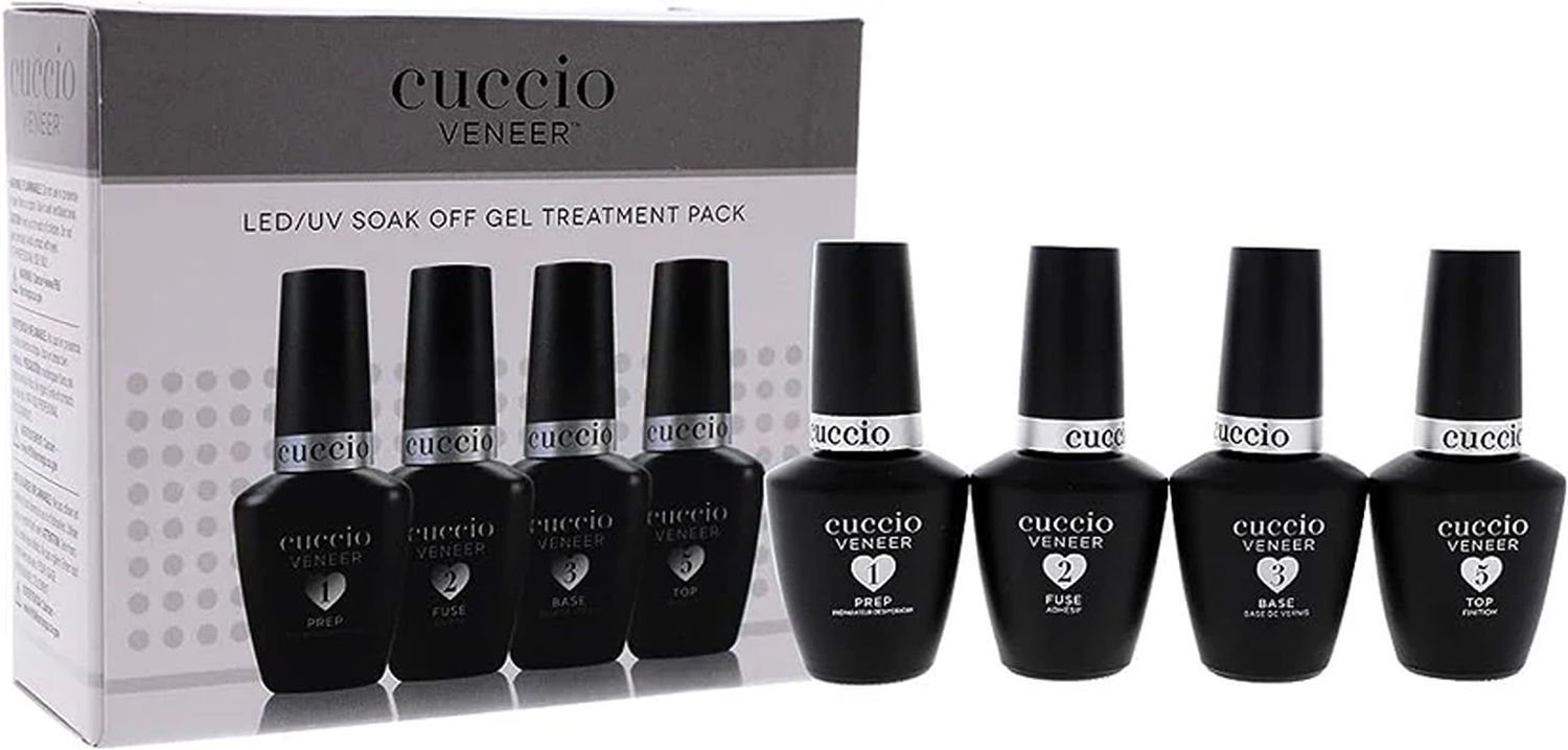 Cuccio Veneer Treatment Pack - Complete LED/UV Gel Polish System, Includes Prep, Fuse, Base, and Top Coat, 13 mL Each