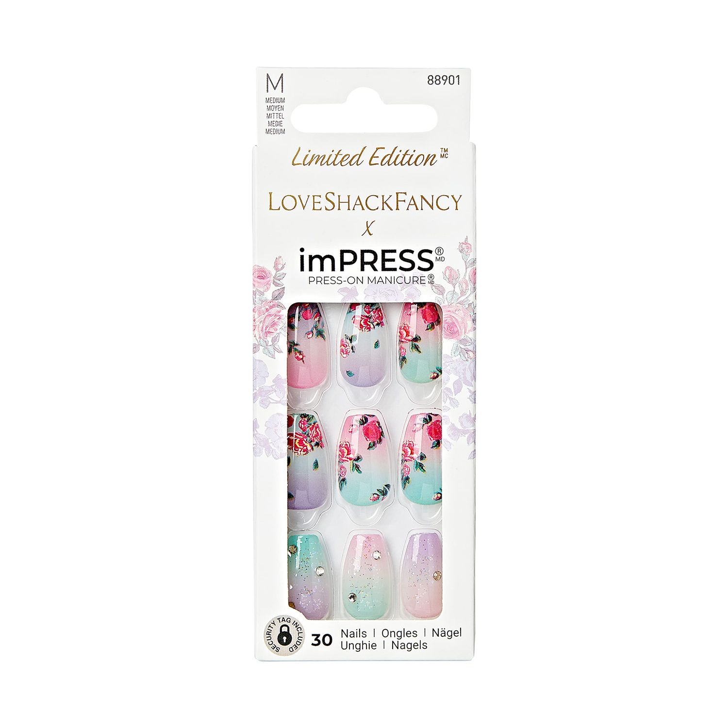 KISS LoveShackFancy x imPRESS Press-On Manicure Limited Edition, Style Lilac Crush Medium Coffin Purple Press-On Nails, Includes Prep Pad, Mini Nail File, Cuticle Stick, &amp; 30 Fake Nails