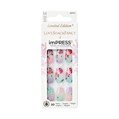 KISS LoveShackFancy x imPRESS Press-On Manicure Limited Edition, Style Lilac Crush Medium Coffin Purple Press-On Nails, Includes Prep Pad, Mini Nail File, Cuticle Stick, &amp; 30 Fake Nails