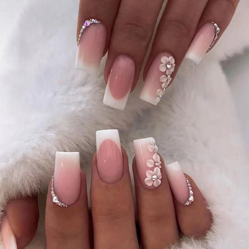 24 Pcs French Tip Square Press on Nails with Rhinestones &amp; Flowers - Glossy Full Cover False Acrylic Nails for Women &amp; Girls