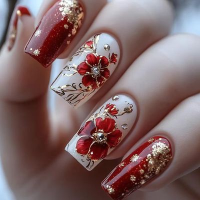 24Pcs Red Flower Press on Nails Medium Square Fake Nails Floral Gold Foil with Rhinestones Glitter Glossy Design Full Cover Glue on Nails Spring Summer False Nails for Women Girls Acrylic Nails DIY