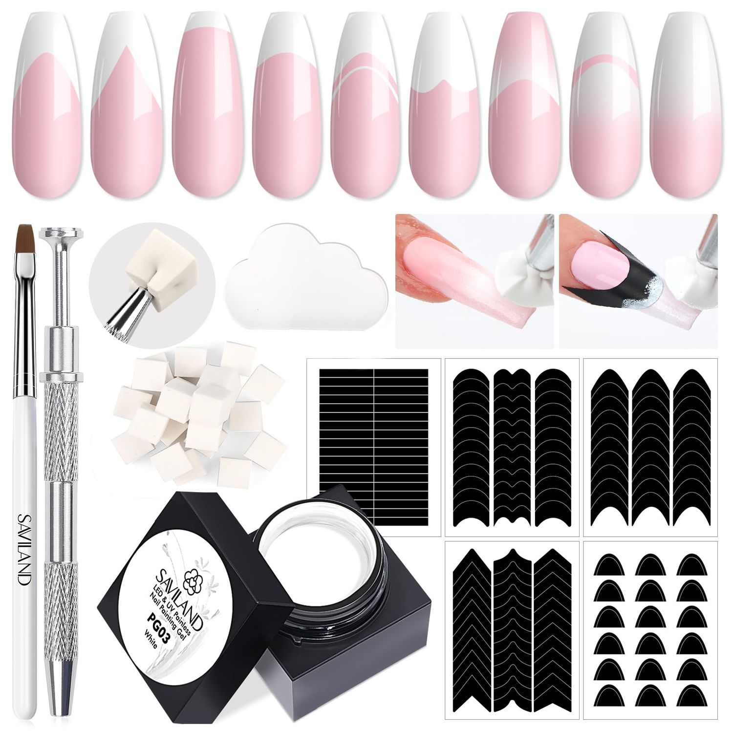 SAVILAND Soft Nail Sponges for Ombre: Nail Art Sponges with Grabbing Pen Gradient Nails Sponge Easy French Tip Stickers for French Manicure Aura Nails for Beginner