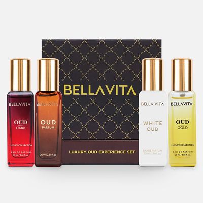 BellaVita Luxury OUD Experience Gift Set (4x20ml) | Premium Unisex Arabic Perfumes | Includes Gold, Dark, White &amp; Classic OUD | Notes of Caramel, Orris, Vetiver &amp; Citrus | Exotic Fragrance Gift