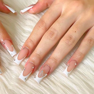 French White Tip Press on Nails Square Medium Fake Nails Acrylic False Nails with 3D Butterfly Designs Rhinestones Artificial Nails Pink Full Cover Nails Press ons Stick on Nails for Women 24Pcs