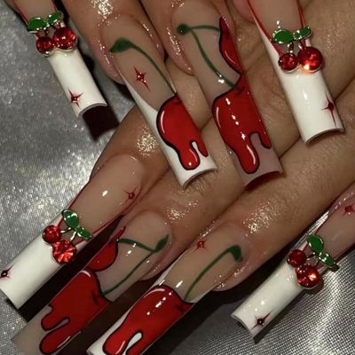 MISUD Press on Nails Extra Long Square Fake Nails Glossy Glue on Nails White French Tip Acrylic Nails Squoval Artificial Nails Cherry Rhinestone Stick on False Nails with Design 24 pcs