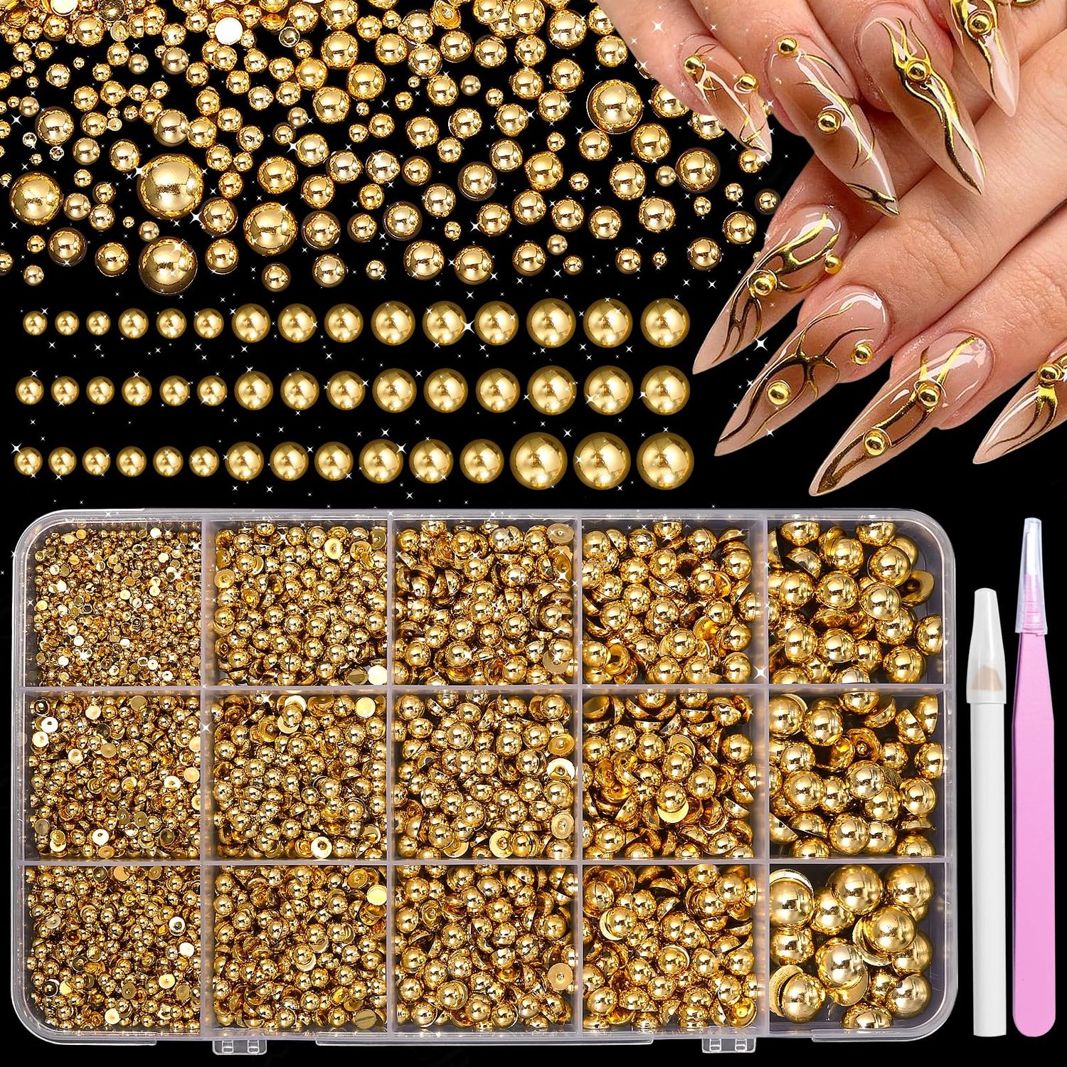 Gold Half Pearl for Crafts, Flatback Golden Pearls Beads Gems for Nails Art DIY Crafts Embellishment Shoes Clothes Bags DIY Making