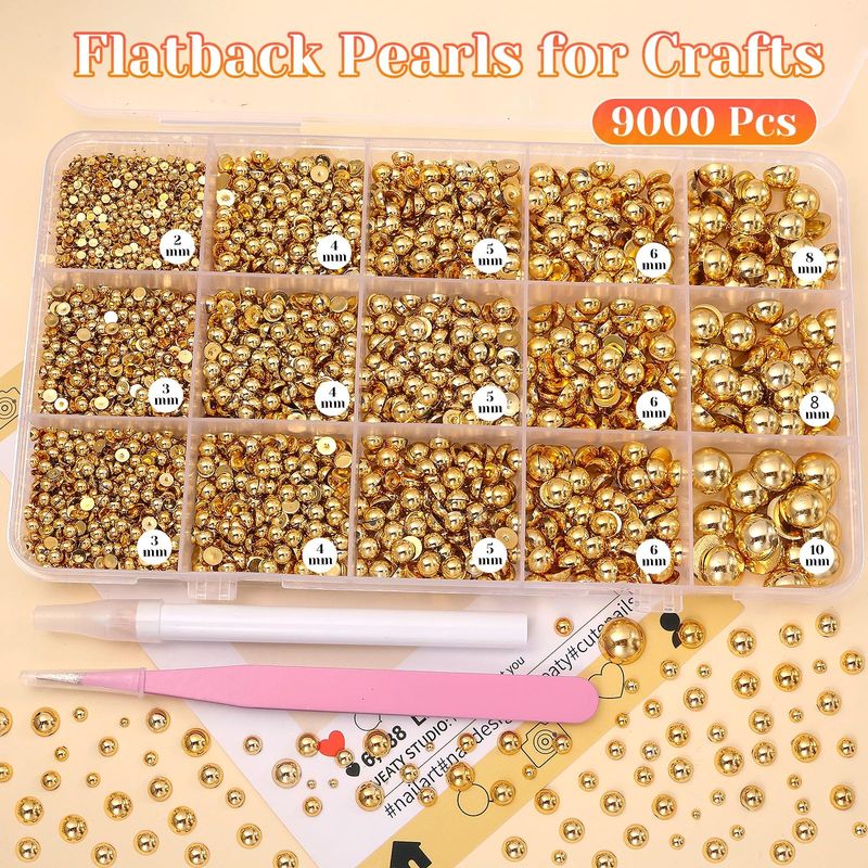 Gold Half Pearl for Crafts, Flatback Golden Pearls Beads Gems for Nails Art DIY Crafts Embellishment Shoes Clothes Bags DIY Making