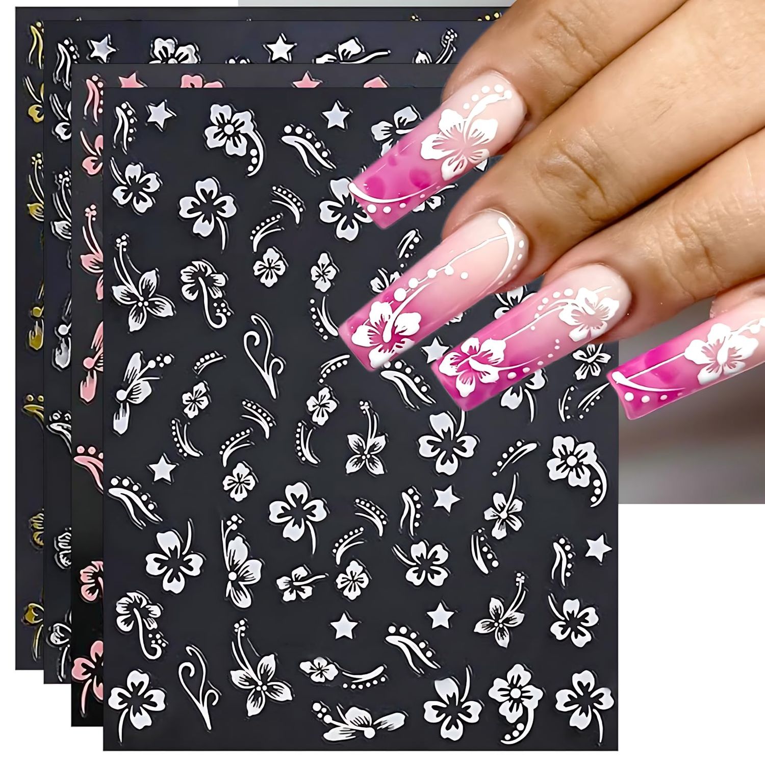 IDDFEVE Hibiscus Flower Nail Art Stickers - 4 Color Gold Sliver Self-Adhesive 3D Nail Decals for DIY Spring Summer Manicure (4 Sheets)