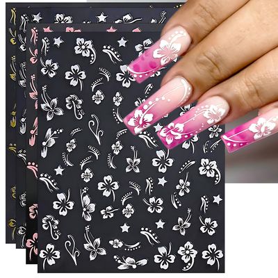 IDDFEVE Hibiscus Flower Nail Art Stickers - 4 Color Gold Sliver Self-Adhesive 3D Nail Decals for DIY Spring Summer Manicure (4 Sheets)
