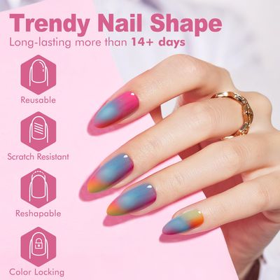 VAVAVAILS Rainbow Press on Nails Almond Medium Length | 24 Pcs Reusable Fake Nails with Glue &amp; Nail Kit | Long Lasting Nails for Women, Natural Glossy Nail Art for Parties, 12 Sizes Colorful
