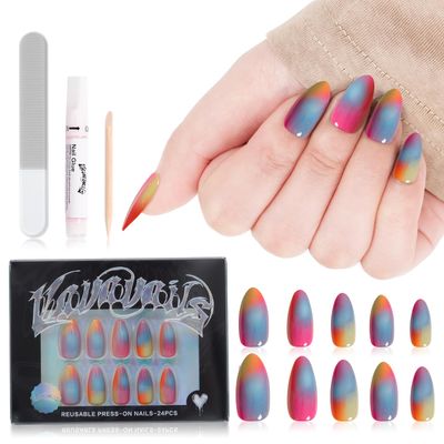 VAVAVAILS Rainbow Press on Nails Almond Medium Length | 24 Pcs Reusable Fake Nails with Glue &amp; Nail Kit | Long Lasting Nails for Women, Natural Glossy Nail Art for Parties, 12 Sizes Colorful