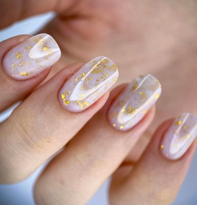 Dans Nails Milky White with Gold Glitter Flakes Rubber Base Gel Coat Color | Soak off UV/LED Lamp for professional Russian Manicure