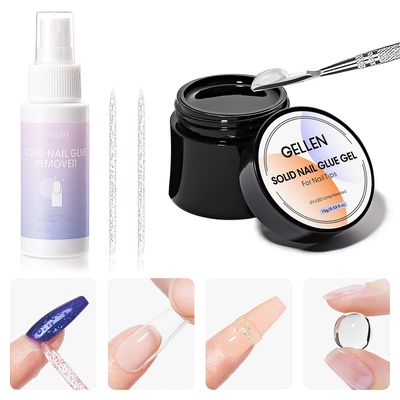 Gellen Solid Gel Nail Glue with 60ml Nail Glue Remover Set, 15g Solid Nail Gel for False Nail Tips &amp; Press On Nails