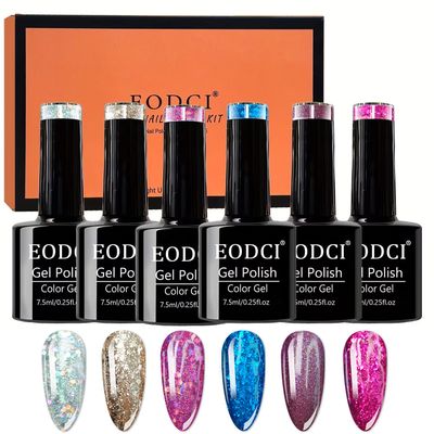 eodci Miami Purple Pink Gel Nail Polish Set, 6 Colors Sparkle Gold Silver Glitter Soak Off Blue Gel Polish Set for Nail Art Home Salon Gel Holiday Manicure Kit Valentine Gift for Women