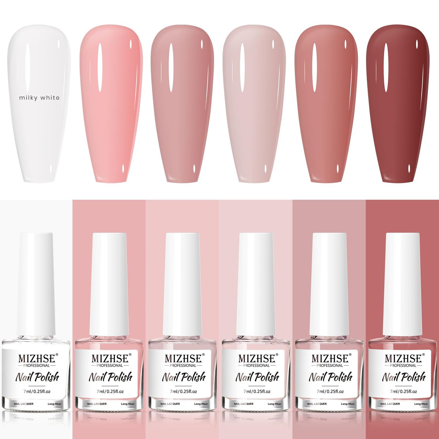 MIZHSE Nail Polish Set: 6 Classic Nude Colors Collection Milky White Nude Pink, Quick Dry Nail Lacquer Fingernail Manicure DIY Nail Art Salon, Ideal Gift for Women