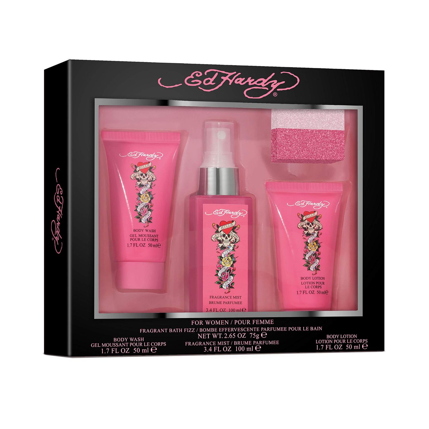 Ed Hardy Womens Perfume Fragrance Set, Body Wash, Body Lotion, Body Mist &amp; Bath Fizz, 4 Piece Set