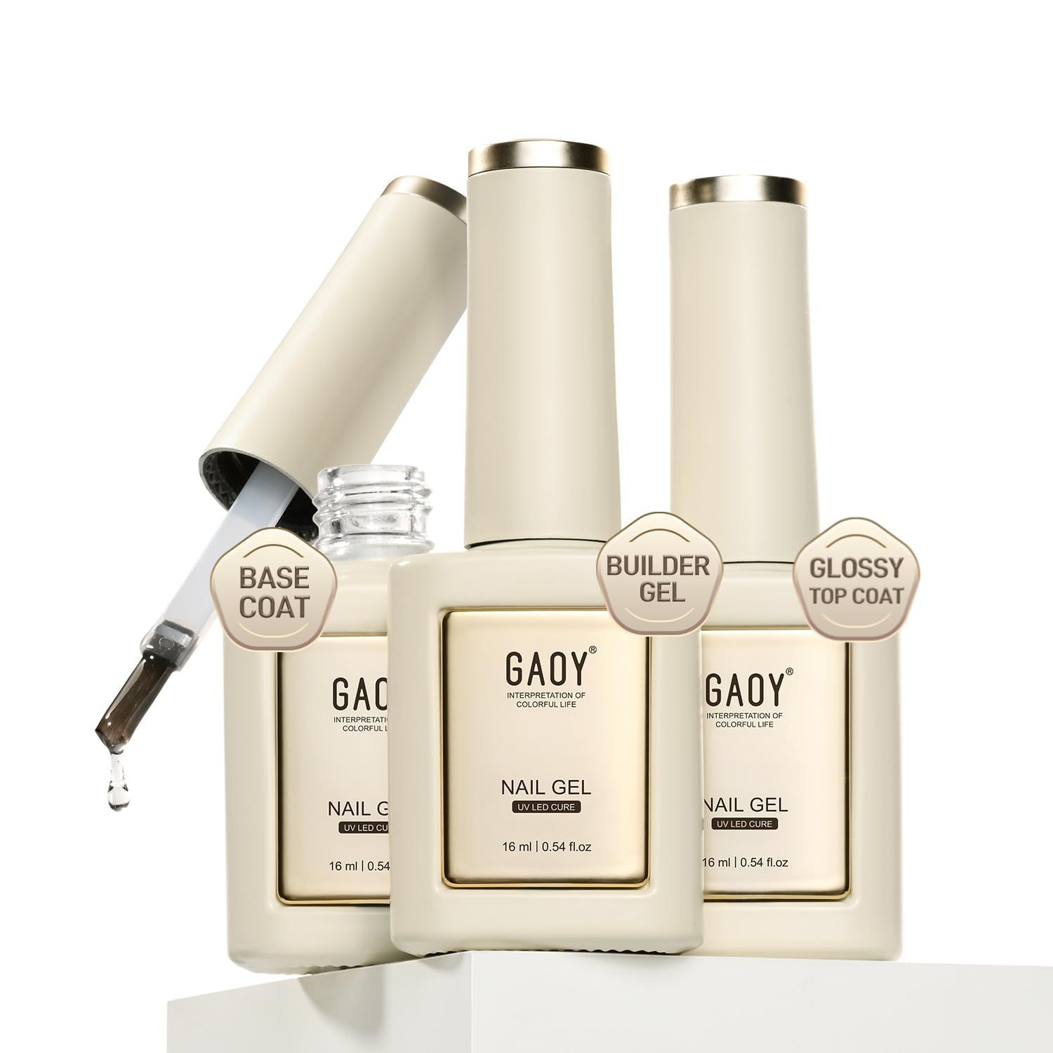 GAOY Gel Top Coat, Builder Gel and Base Coat Set, 16ml 3 Pcs Clear Glossy No Wipe Combination for Long Lasting UV Gel Nail Art DIY