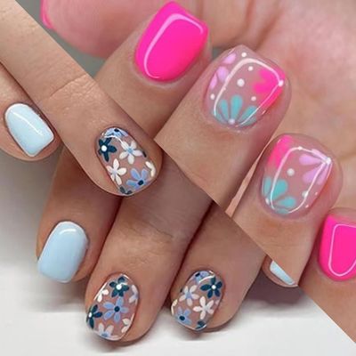 2 Packs 48Pcs Flowers Press on Nails Short Square Fake Nails Spring Floral Design False Nails Glossy Cute Acrylic Nails Full Cover, Glue Stick On Nails for Womens Manicure &amp; Nail Art Set