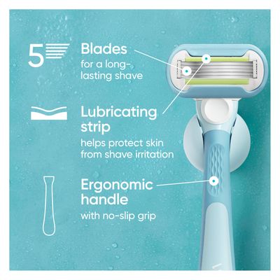 Gillette Venus Extra Smooth Razor for Women, Includes 1 Reusable Razor Handle 4 Refills, 5-Bladed, Ergonomic No-Slip Gel Handle and Shower Holder