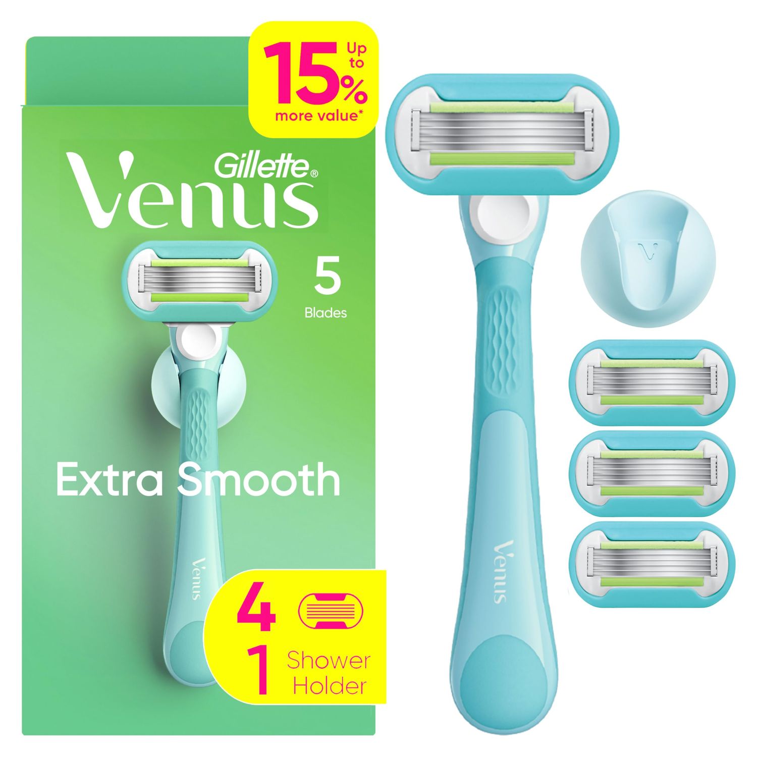 Gillette Venus Extra Smooth Razor for Women, Includes 1 Reusable Razor Handle 4 Refills, 5-Bladed, Ergonomic No-Slip Gel Handle and Shower Holder
