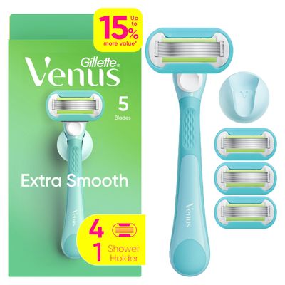 Gillette Venus Extra Smooth Razor for Women, Includes 1 Reusable Razor Handle 4 Refills, 5-Bladed, Ergonomic No-Slip Gel Handle and Shower Holder