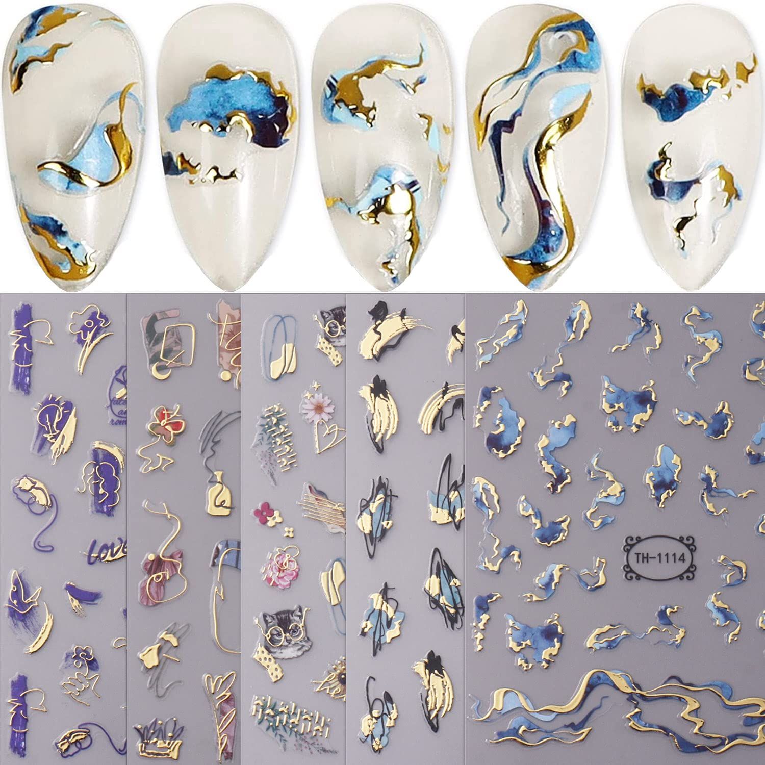 JMEOWIO 8 Sheets Marble French Tip Nail Art Stickers Decals Self-Adhesive Pegatinas Uas Wave Line Nail Supplies Nail Art Design Decoration Accessories