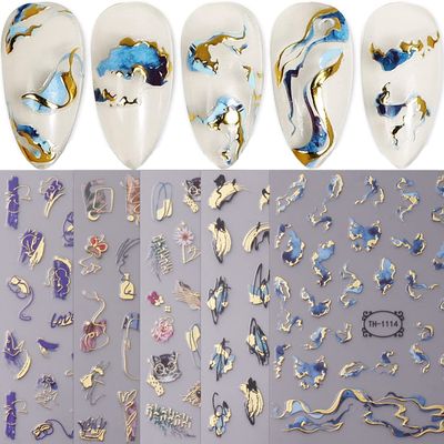 JMEOWIO 8 Sheets Marble French Tip Nail Art Stickers Decals Self-Adhesive Pegatinas Uas Wave Line Nail Supplies Nail Art Design Decoration Accessories