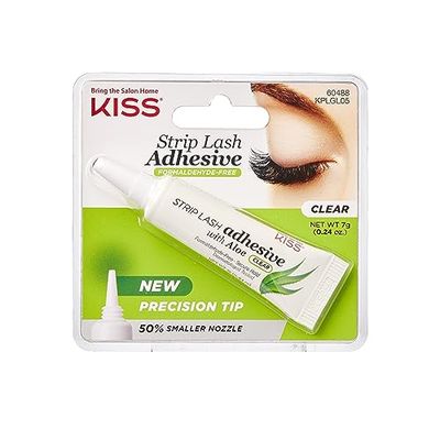 KISS Clear Strip Lash Adhesive with Aloe, Dermatologist Tested, Formaldehyde Free, Non-Irritant, Contact Lens Friendly, Secure Hold, Contains Latex, with Control Nozzle Tip, 0.24 Ounce