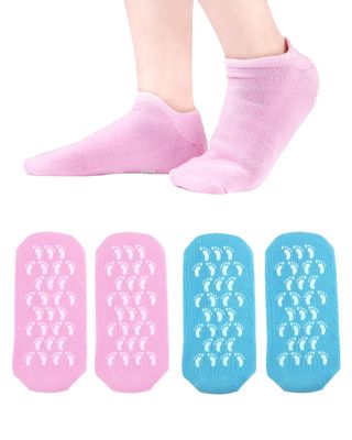 Blue and Pink Moisturizing Socks - 2 Pairs for Womens Dry, Cracked Feet - Silicone Spa Socks with Foot Care and Heel Protection