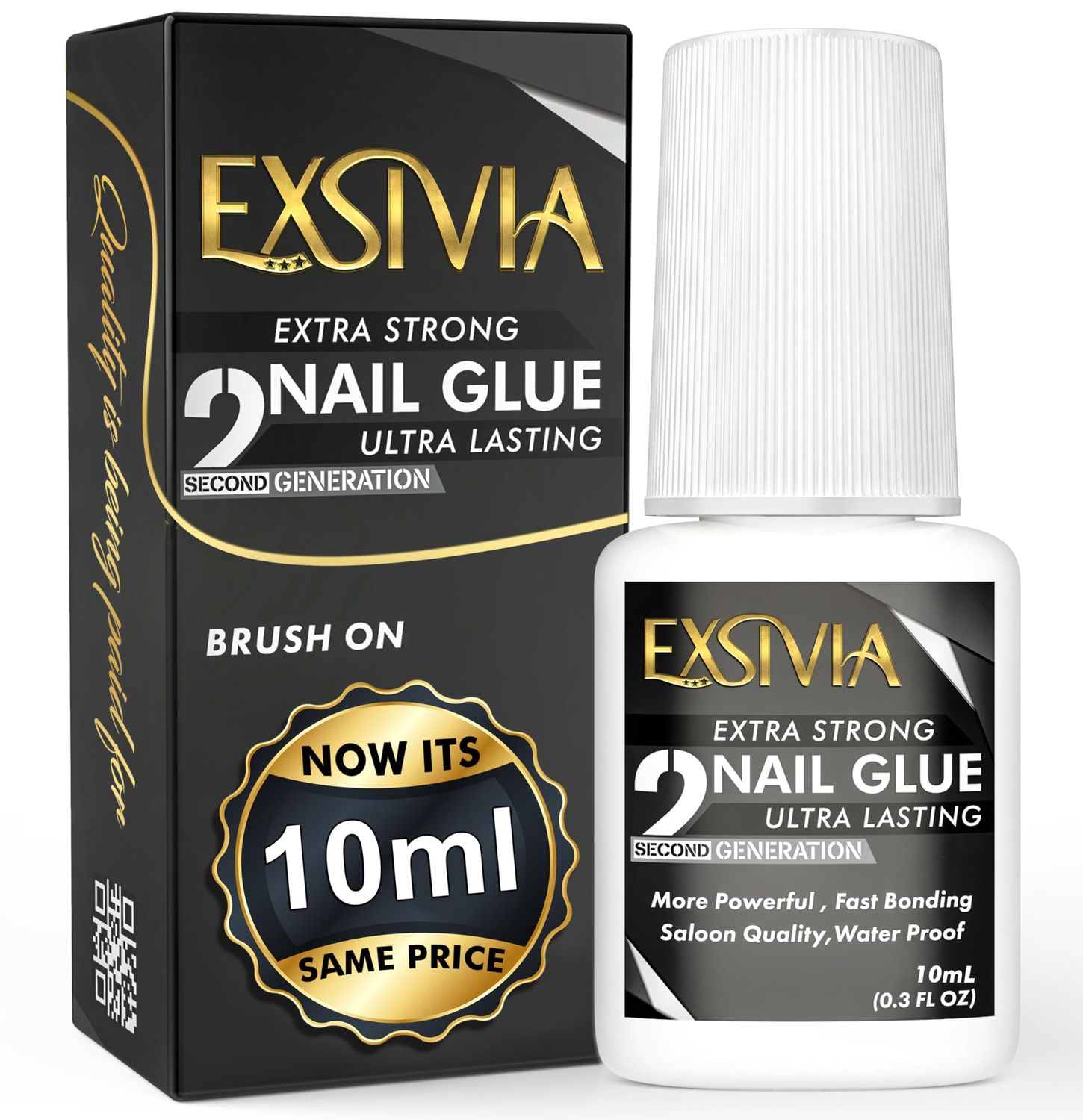 Super Strong Nail Glue for Press On Nails, Acrylic Nails &amp; Nail Tips (10ml) Exsivia 2nd Gen NailBond for Fake Nails, Extra Strength,Long Lasting, Brush on Adhesive, No Dehydrator or Primer Needed