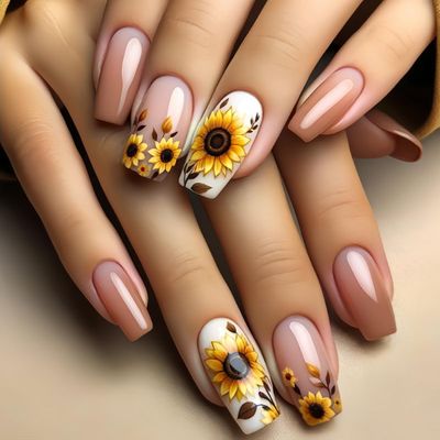 24Pcs Press on Nails Medium Coffin - ZIFANHU Spring Fake Nails Press ons with Cute Sunflower Design Glossy False Nails Full Cover Acrylic Nail Art Kit Glue on Nail for Women Girls Manicure Decoration