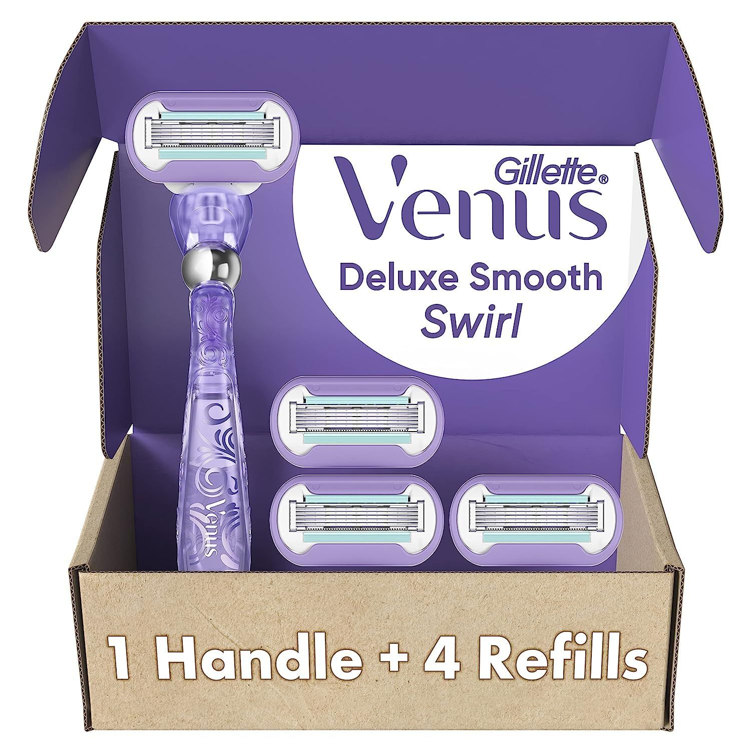 Gillette Venus Deluxe Smooth Swirl Womens Razor Handle 4 Blade Refills, Flexible Handle and Pivoting Head