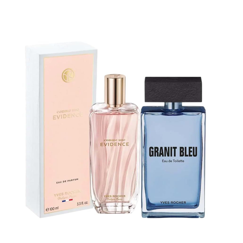 Yves Rocher Eau de Toilette Granit Bleu and Comme Une vidence for Men and Women Long Lasting Fragrance Set of 2 Gift Kit - 100 ml./3.3 fl.oz.